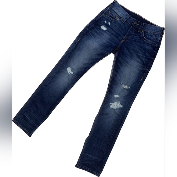True Religion Relaxed Skinny + Ripped Jeans w/ Zipped Bottom